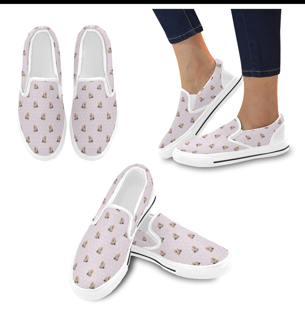 Yorkshire Terriers Print Design LKS302 White Slip Ons Canvas Women's Shoes