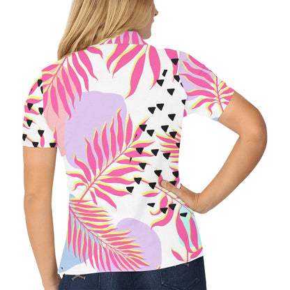 Pink Tropical Palm Leaves Women's Polo Shirt