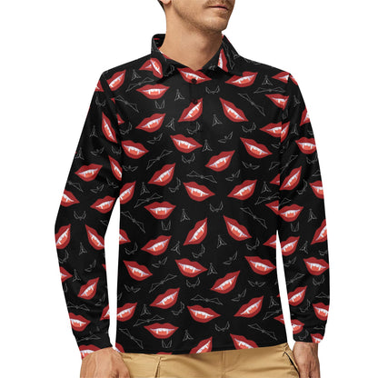 Vampire Lips Print Design LKS301 Long Sleeve Polo Shirt For Men's