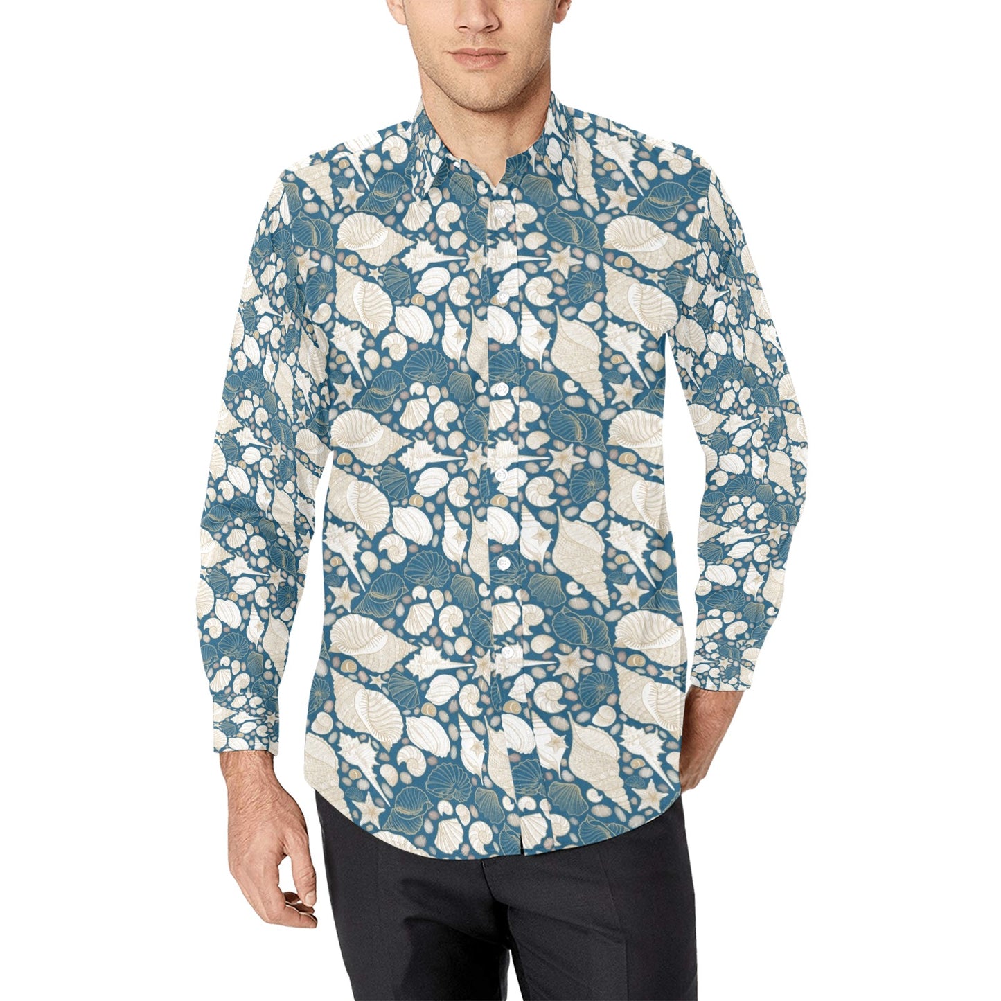 Seashell Print Design LKS308 Men's Long Sleeve Dress Shirt