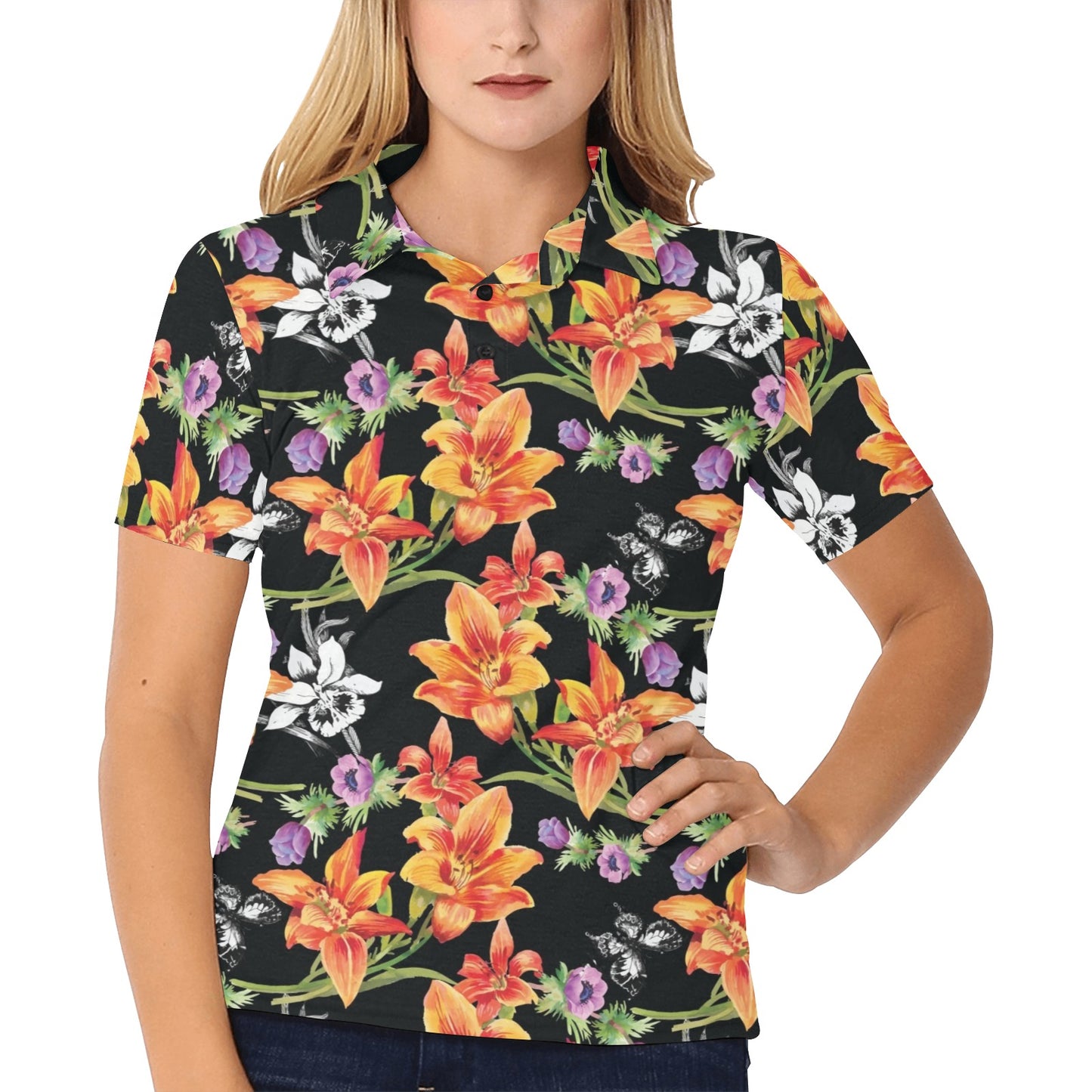 Tropical Flower Pattern Print Design TF02 Women's Polo Shirt