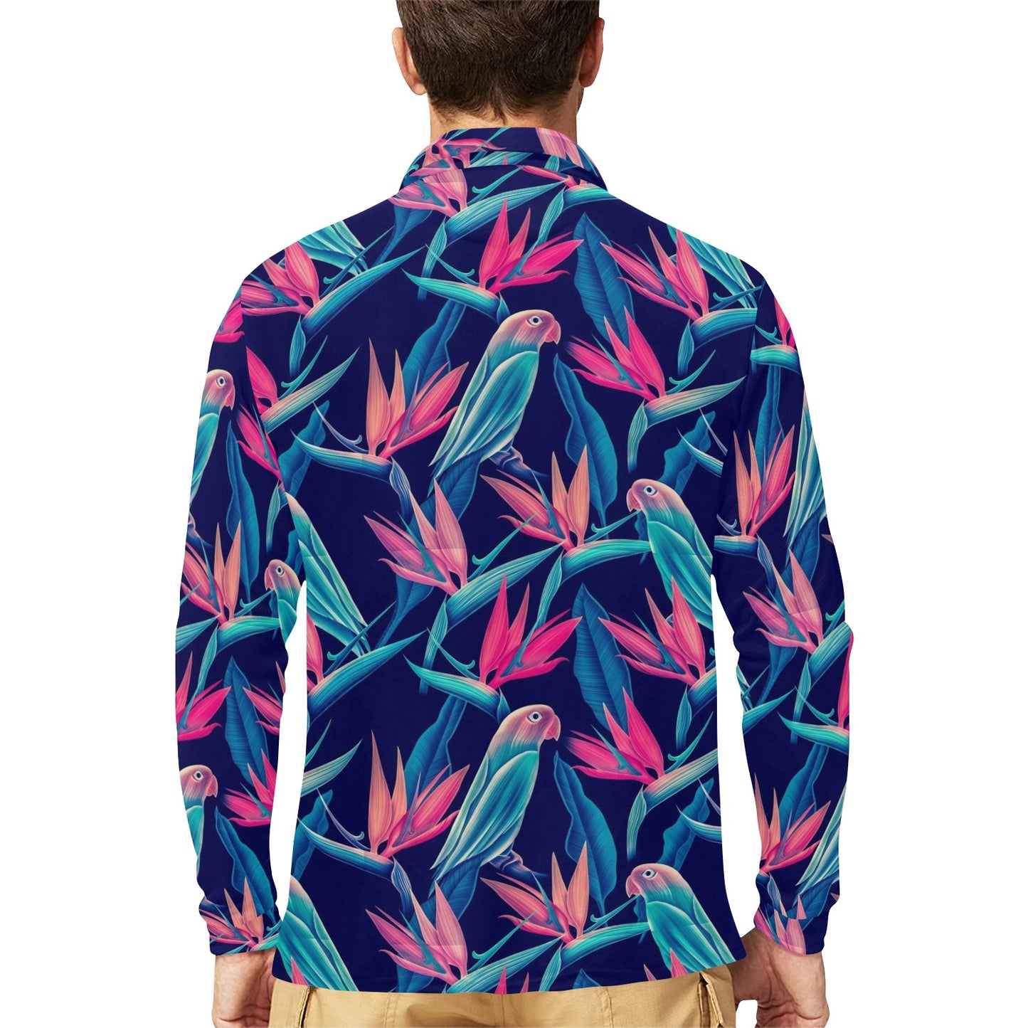 Tropical Flower Pattern Print Design TF024 Long Sleeve Polo Shirt For Men's