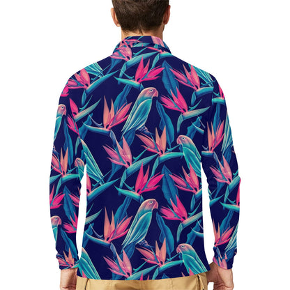 Tropical Flower Pattern Print Design TF024 Long Sleeve Polo Shirt For Men's