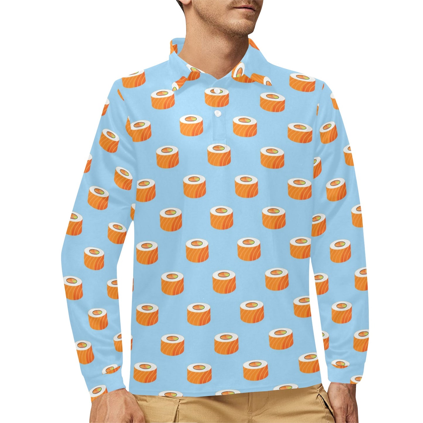 Salmon Sushi Print Design LKS307 Long Sleeve Polo Shirt For Men's