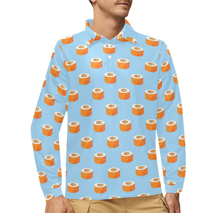 Salmon Sushi Print Design LKS307 Long Sleeve Polo Shirt For Men's