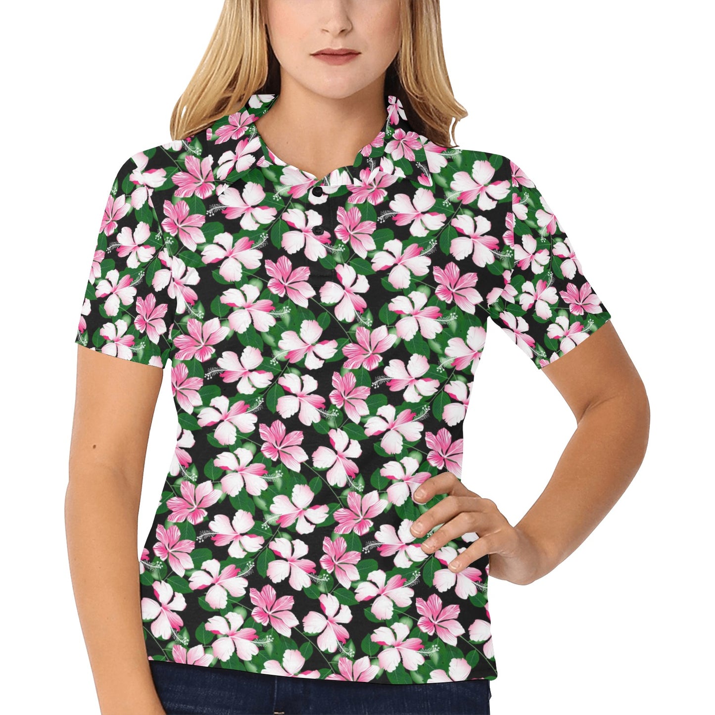 Hibiscus Pink Flower Hawaiian Print Women's Polo Shirt