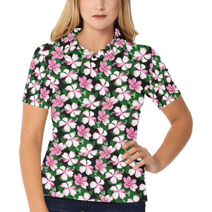 Hibiscus Pink Flower Hawaiian Print Women's Polo Shirt