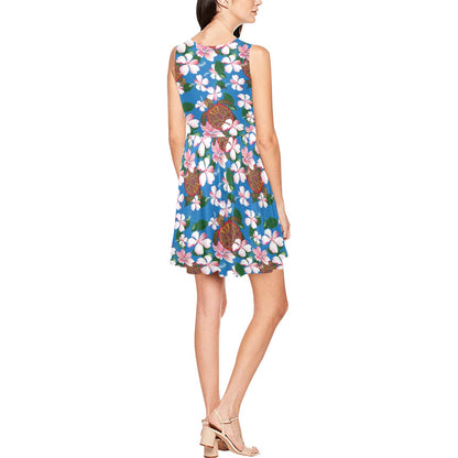Sea Turtle Pink Hibiscus Hawaiian Print Sleeveless Dress