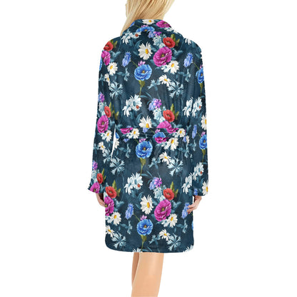 Floral Blue Themed Print Women's Fleece Robe