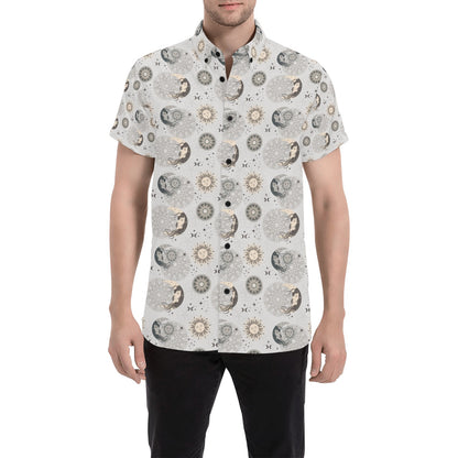 Sun Moon Print Design LKS302 Men Short Sleeve Button Up Shirt