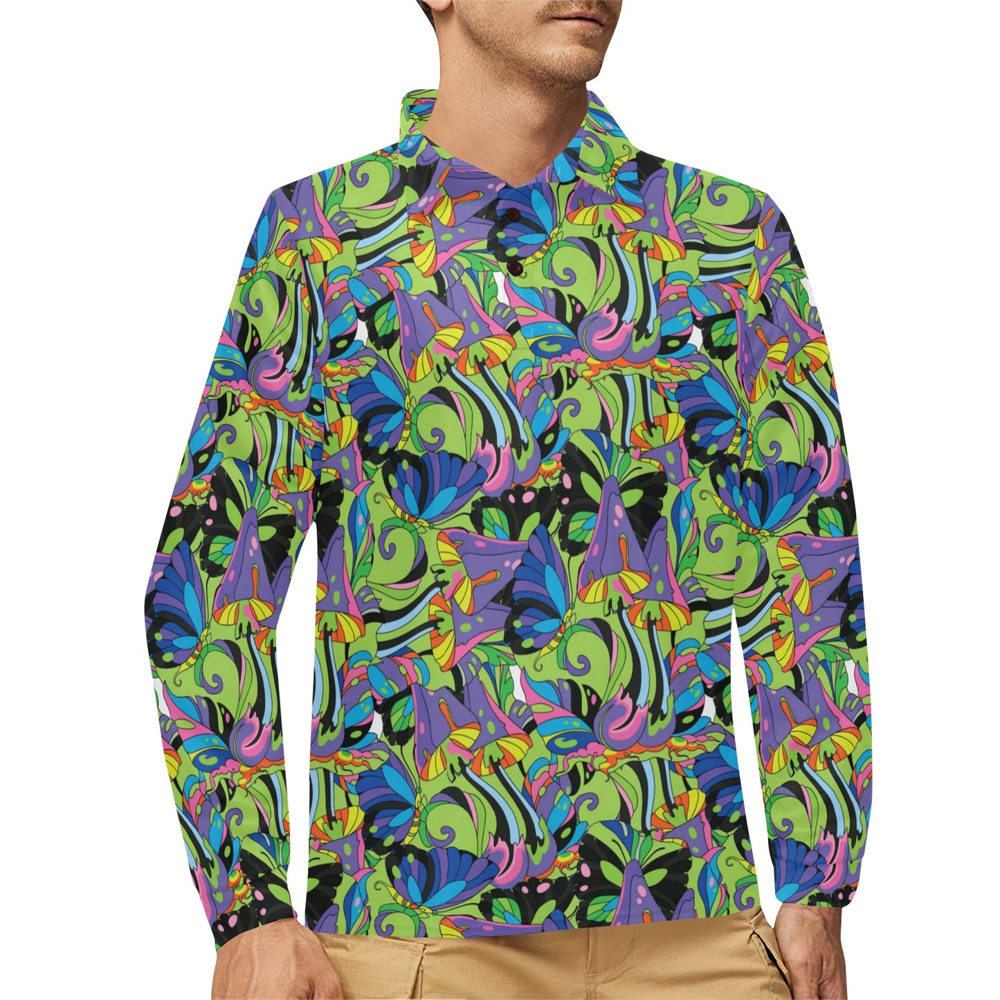 Psychedelic Trippy Mushroom Themed Long Sleeve Polo Shirt For Men's