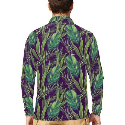 Palm Leaves Pattern Print Design PL03 Long Sleeve Polo Shirt For Men's