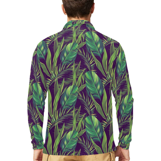 Palm Leaves Pattern Print Design PL03 Long Sleeve Polo Shirt For Men's