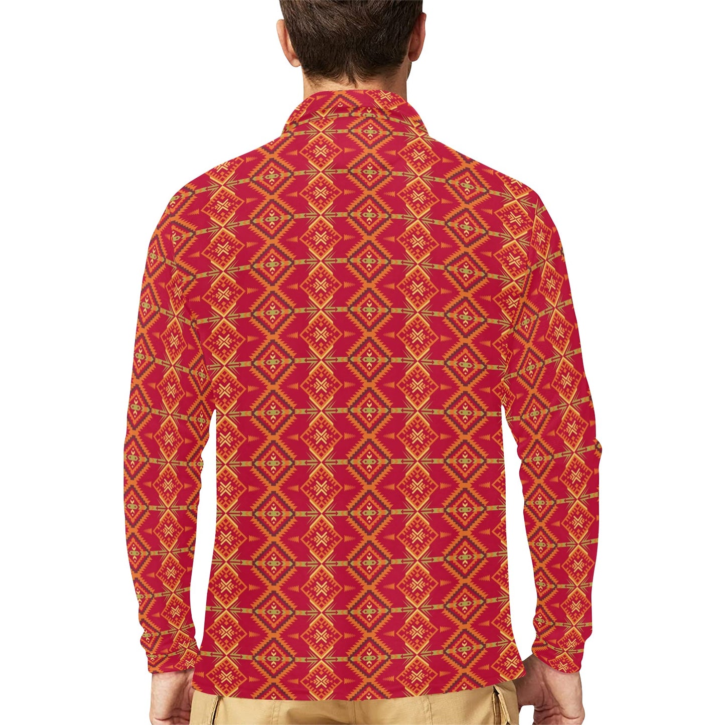 Southwest Aztec Design Themed Print Long Sleeve Polo Shirt For Men's