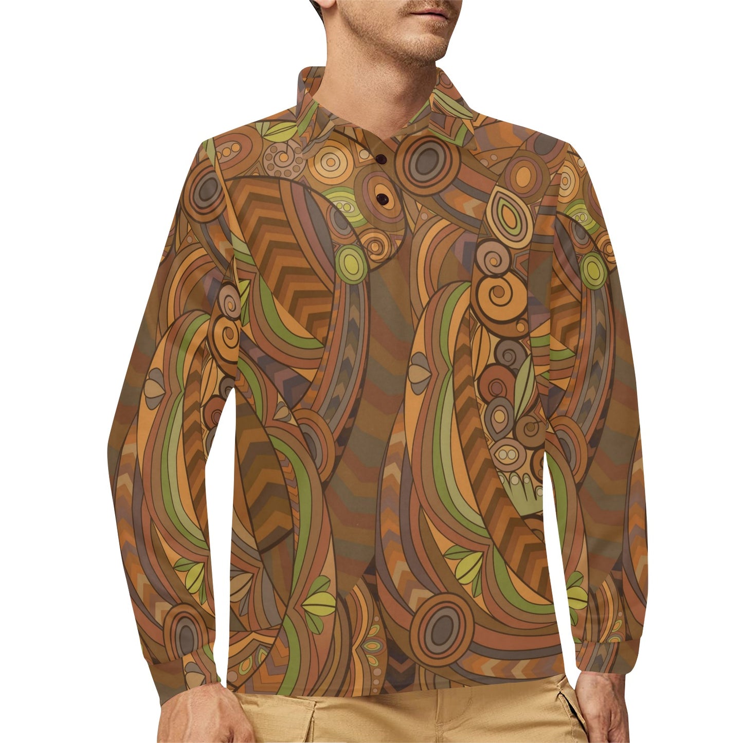 Maori Ornament Design Print Long Sleeve Polo Shirt For Men's
