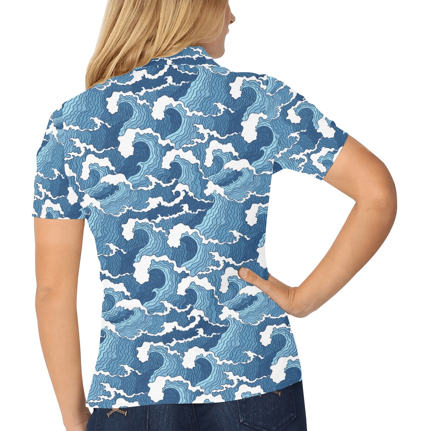 Wave Themed Pattern Print Women's Polo Shirt