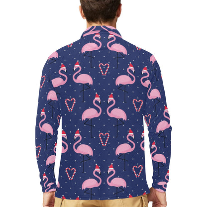 Flamingo Christmas Long Sleeve Polo Shirt For Men's