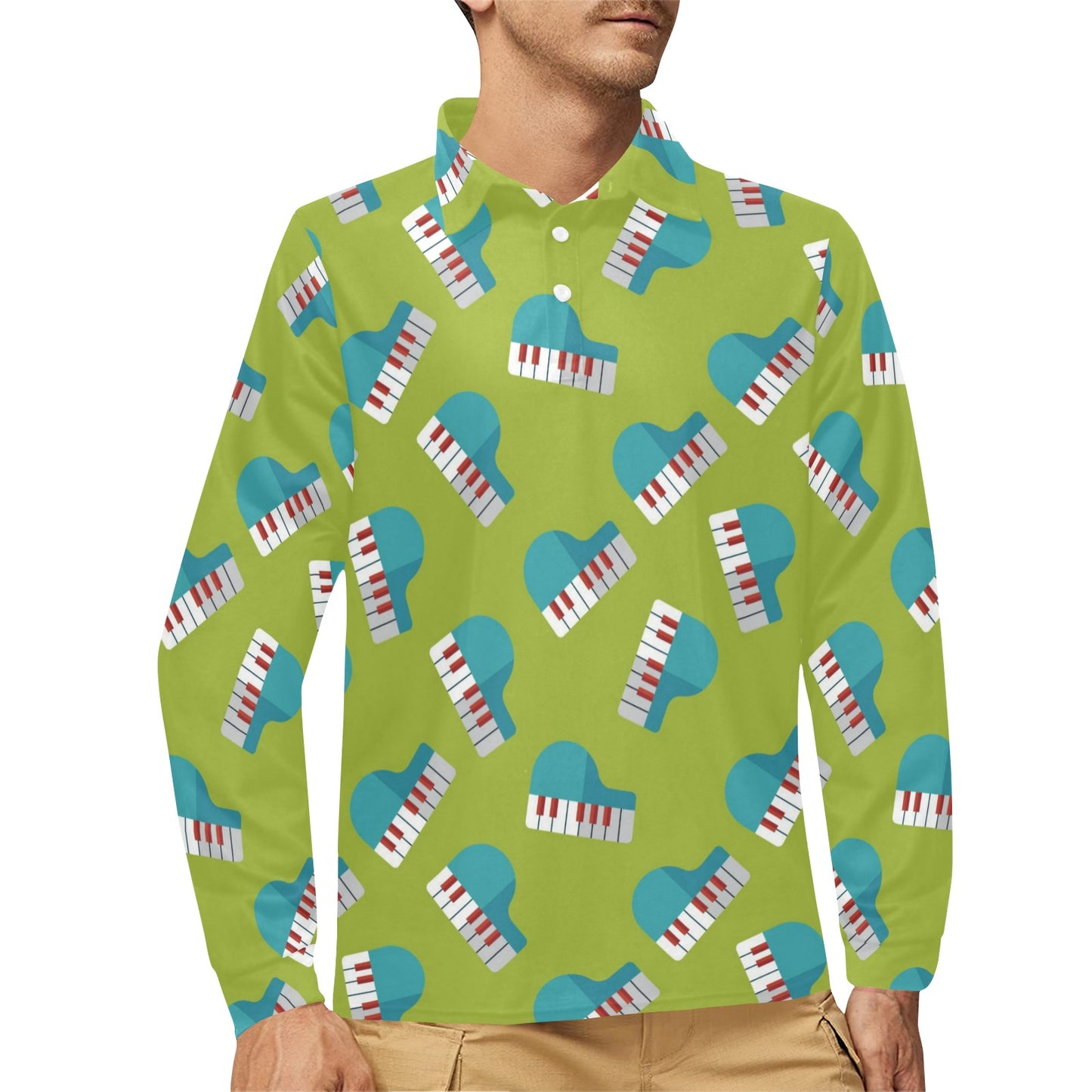 Piano Pattern Print Design 03 Long Sleeve Polo Shirt For Men's