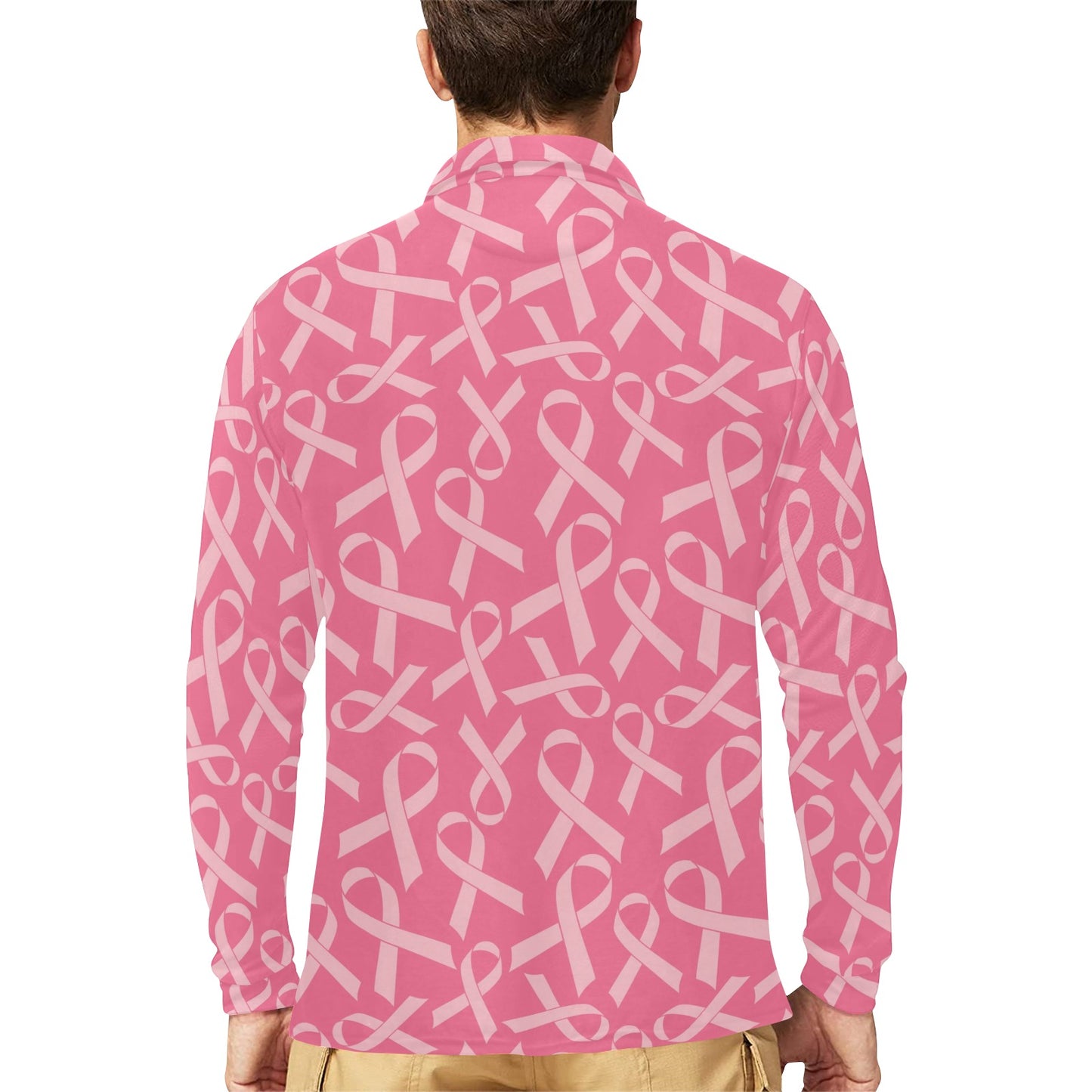 Breast Cancer Awareness Themed Long Sleeve Polo Shirt For Men's