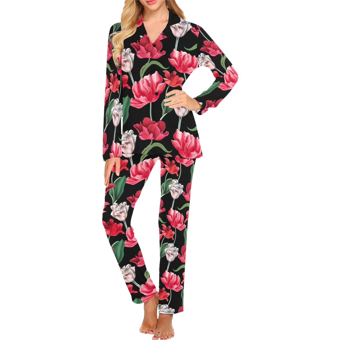 Tulip Pattern Print Design TP08 Women's Long Pajama Set