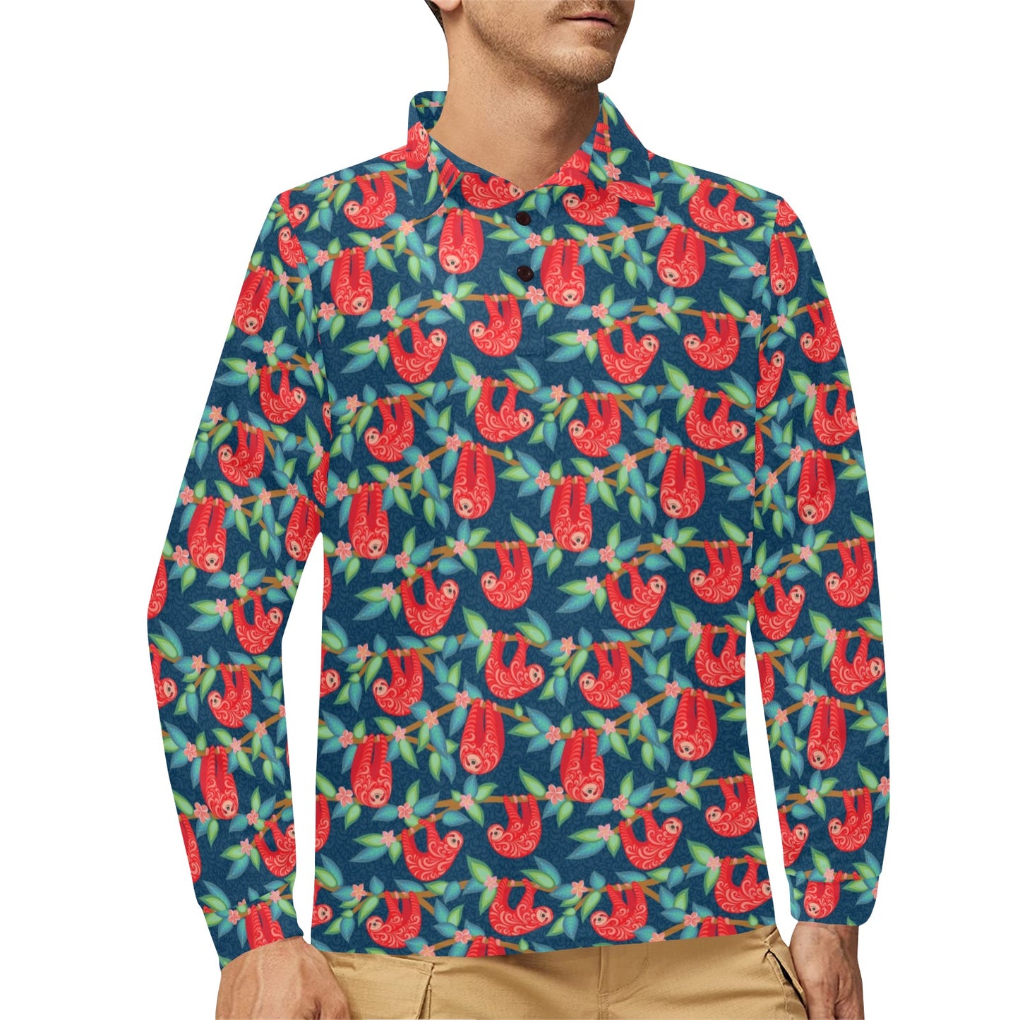 Sloth Red Design Themed Print Long Sleeve Polo Shirt For Men's