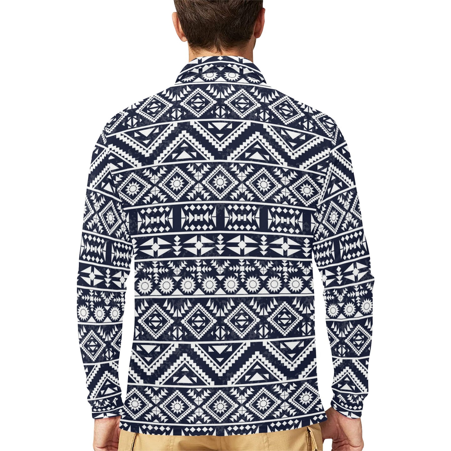 Blue White Tribal Aztec Long Sleeve Polo Shirt For Men's