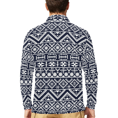 Blue White Tribal Aztec Long Sleeve Polo Shirt For Men's
