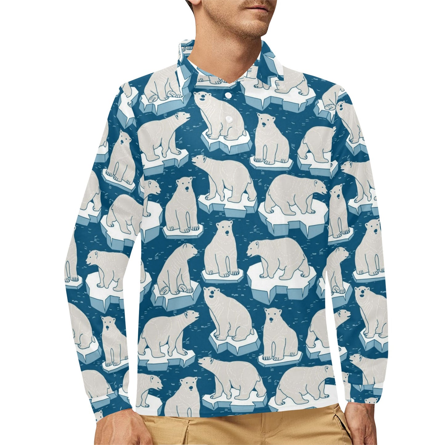 Polar Bear Pattern Print Design PB03 Long Sleeve Polo Shirt For Men's