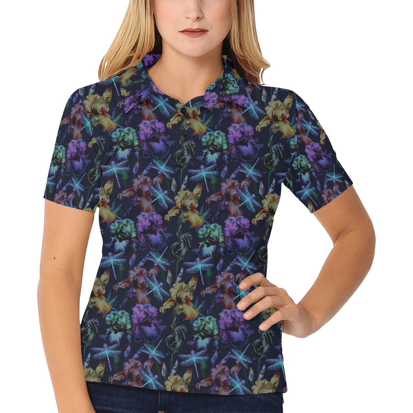 Dragonfly With Floral Print Pattern Women's Polo Shirt