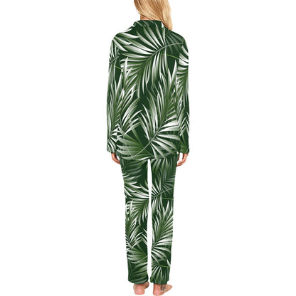 White Green Tropical Palm Leaves Women's Long Pajama Set