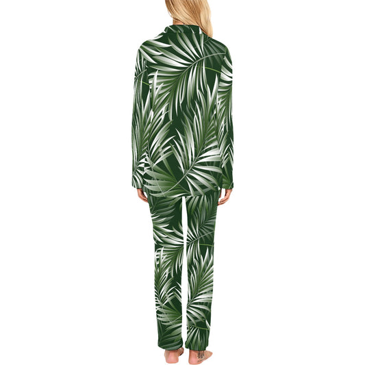 White Green Tropical Palm Leaves Women's Long Pajama Set