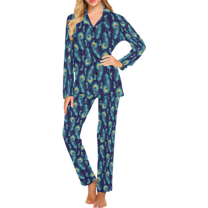 Peacock Feather Blue Design Print Women's Long Pajama Set
