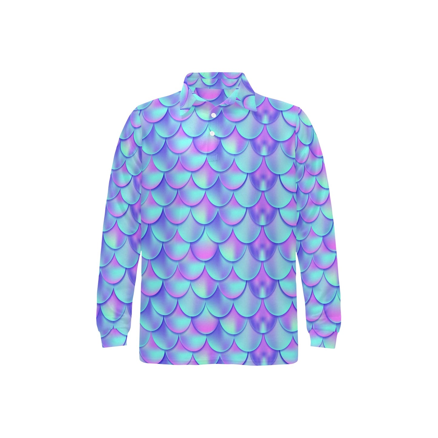 Mermaid Tail Design Print Pattern Long Sleeve Polo Shirt For Men's