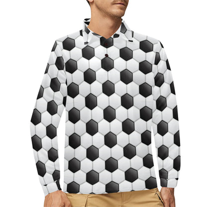 Soccer Ball Texture Print Pattern Long Sleeve Polo Shirt For Men's
