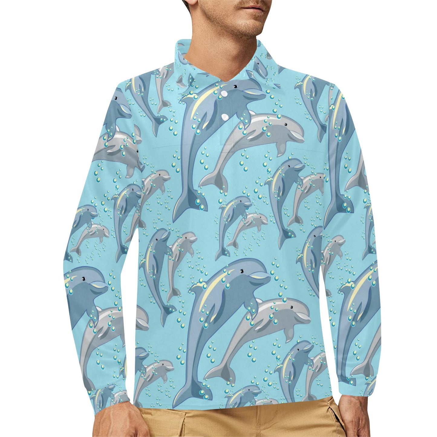 Dolphin Print Pattern Long Sleeve Polo Shirt For Men's