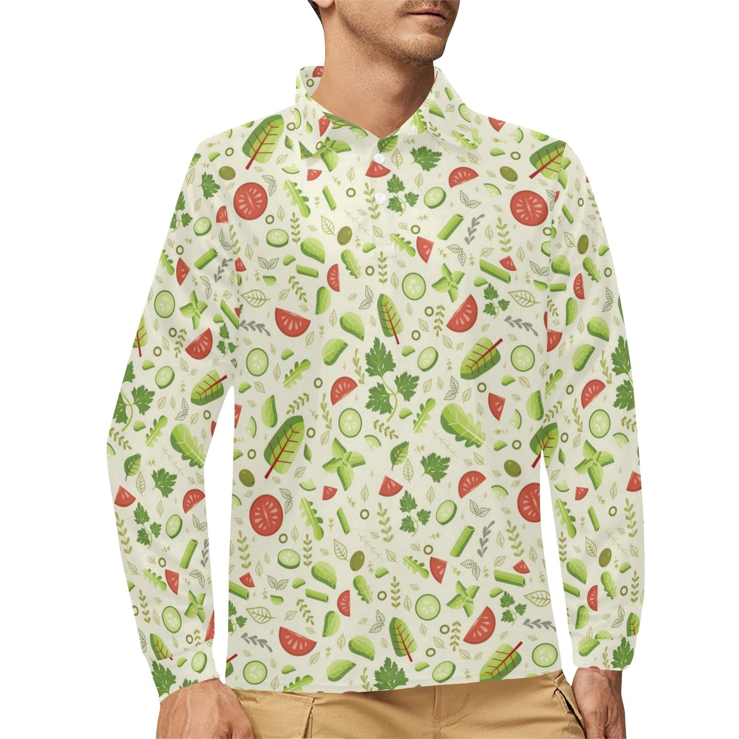 Salad Vegetable Print Design LKS302 Long Sleeve Polo Shirt For Men's
