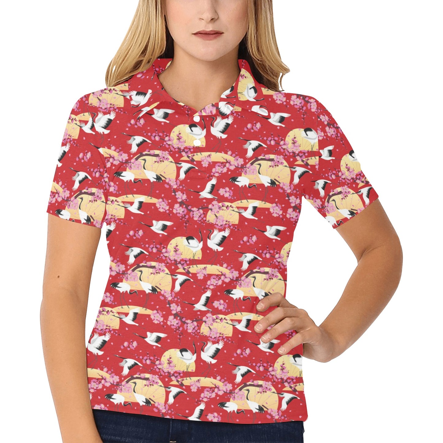 Crane Pattern Print Design 04 Women's Polo Shirt