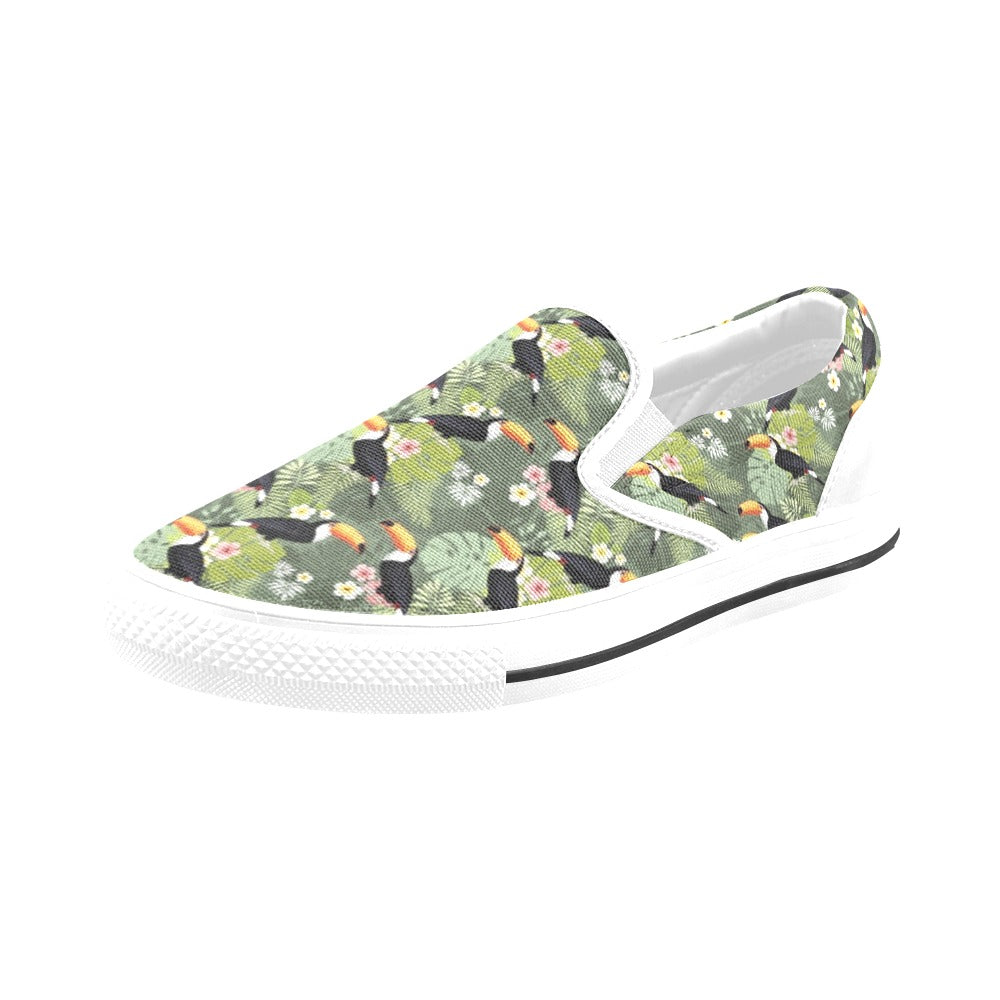 Toucan Print Design LKS304 White Slip Ons Canvas Women's Shoes
