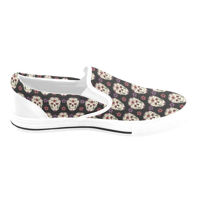 Sugar Skull Print Design LKS304 White Slip Ons Canvas Women's Shoes