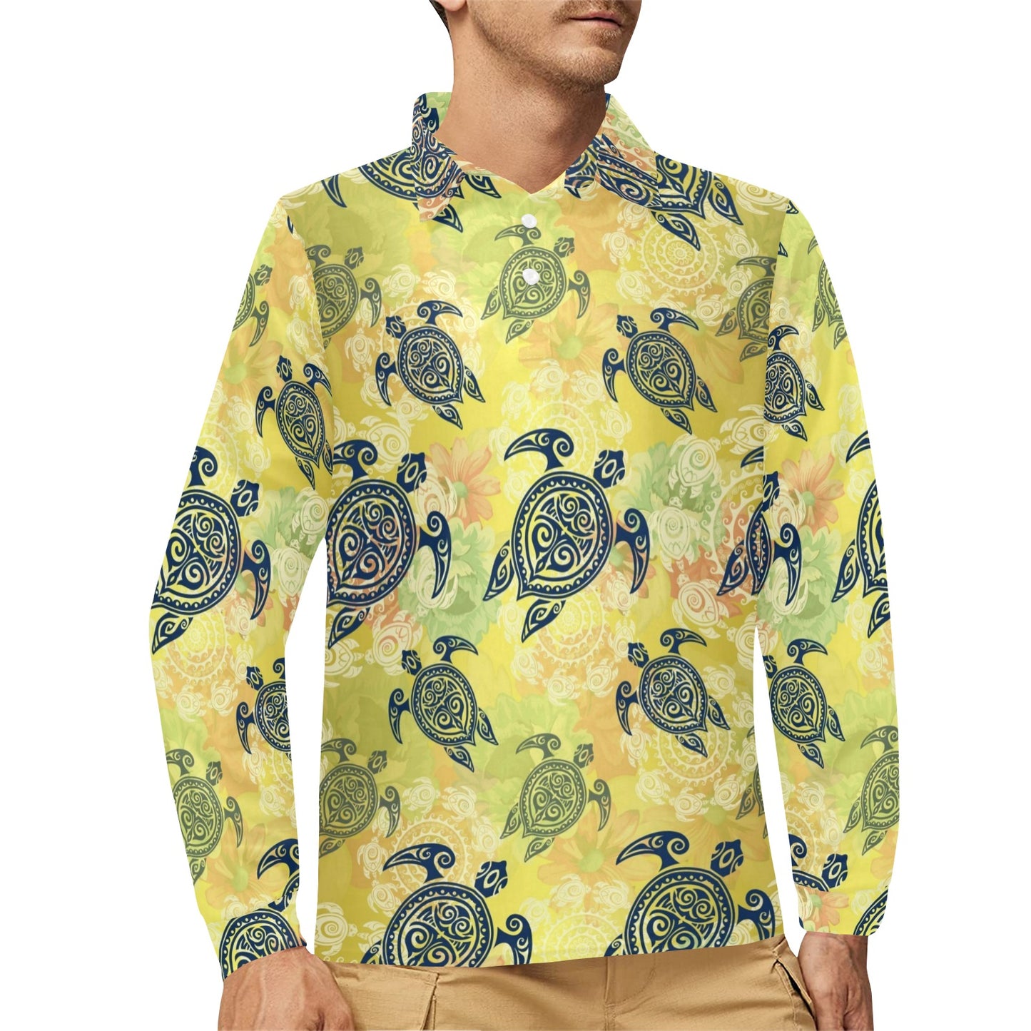Hawaiian Turtle Tribal Design Print Long Sleeve Polo Shirt For Men's