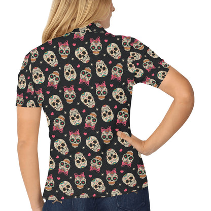 Sugar Skull Pink Bow Themed Print Women's Polo Shirt