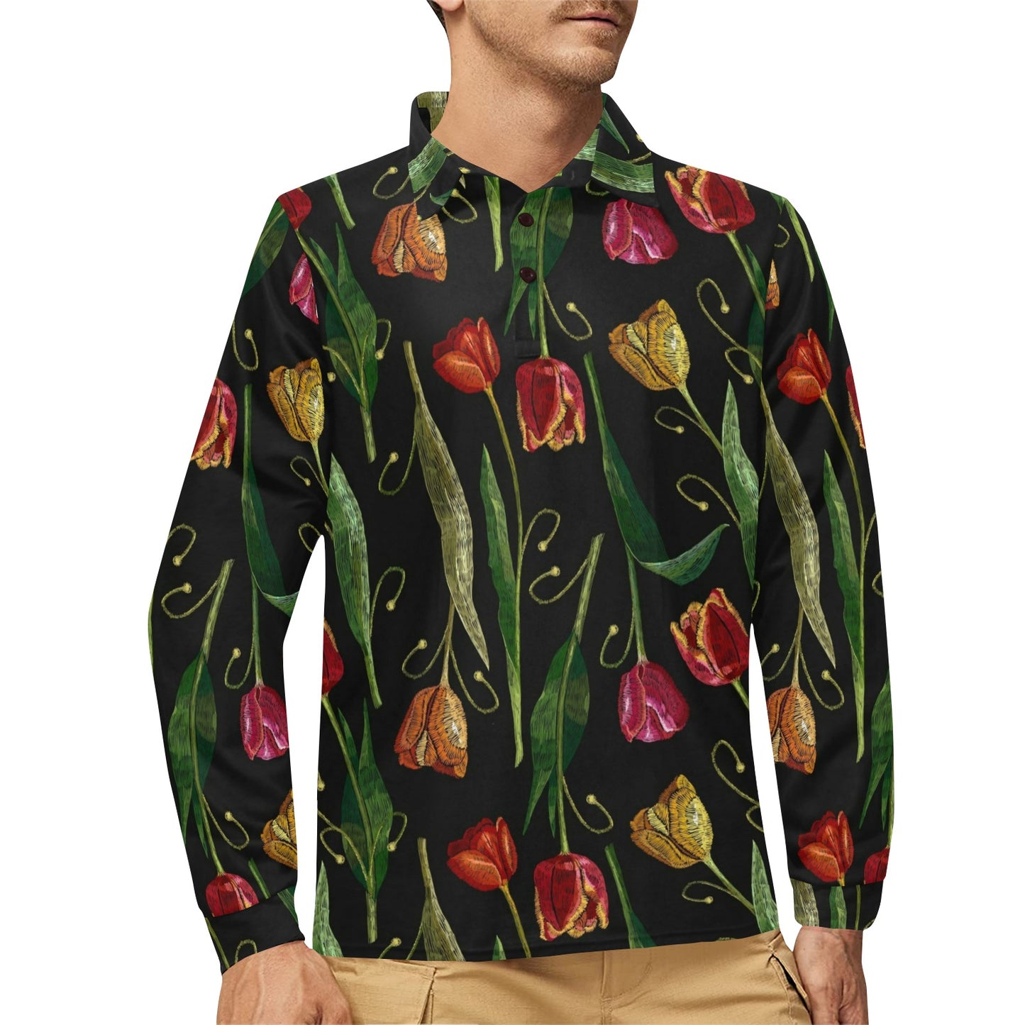 Tulip Embroidered Pattern Print Design TP01 Long Sleeve Polo Shirt For Men's