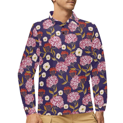 Hydrangea Pattern Print Design HD010 Long Sleeve Polo Shirt For Men's