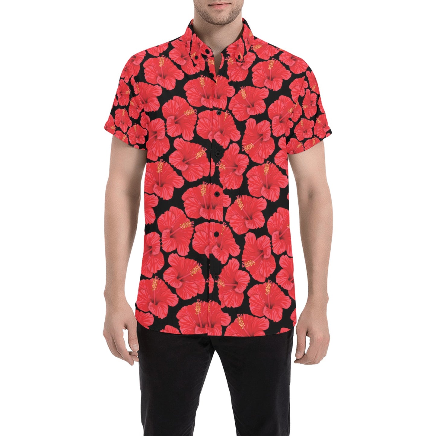 Hibiscus Red Pattern Print Design LKS306 Men Short Sleeve Button Up Shirt