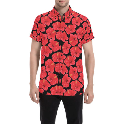 Hibiscus Red Pattern Print Design LKS306 Men Short Sleeve Button Up Shirt