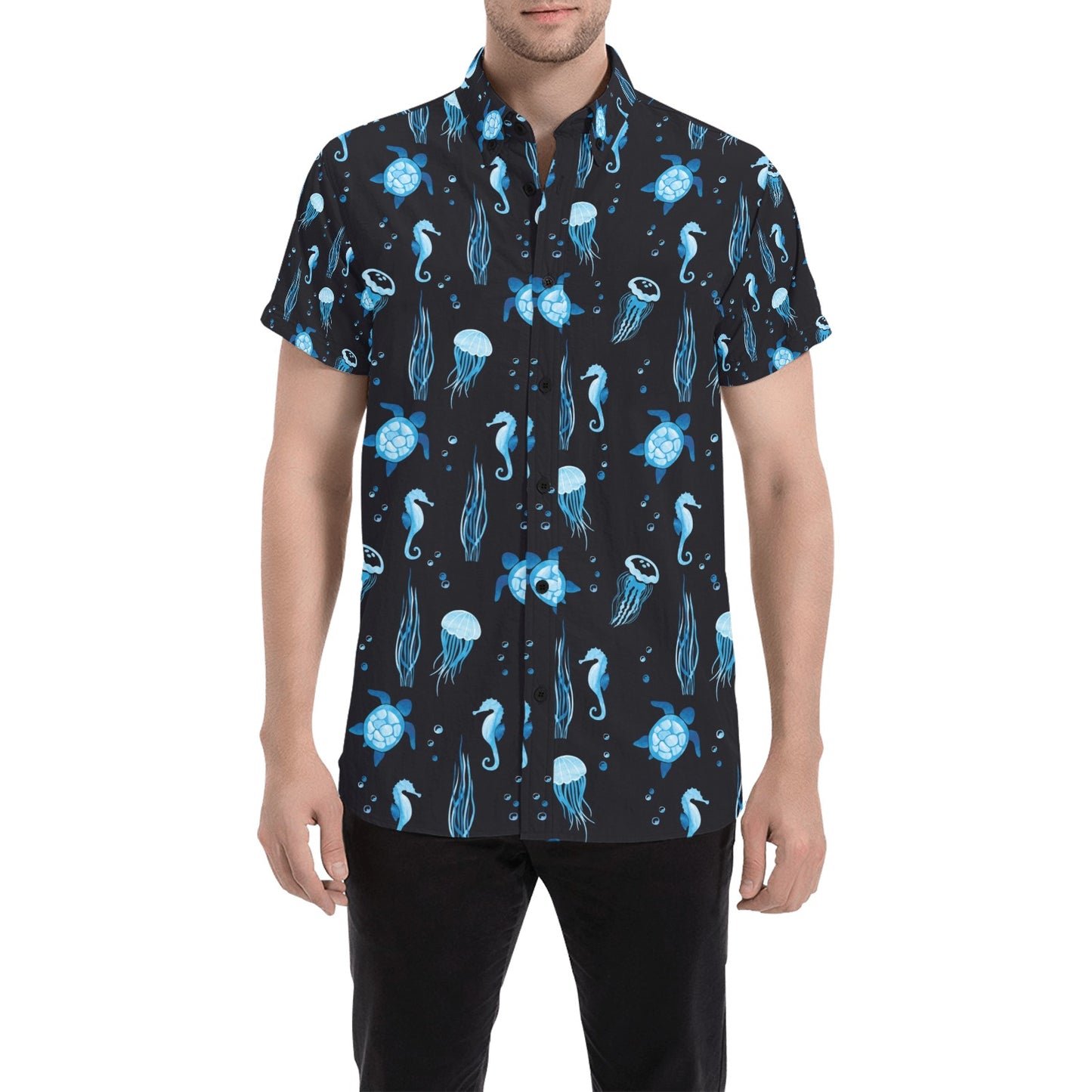 Sea Turtle Jelly Fish Sea Horse Print Design LKS3014 Men Short Sleeve Button Up Shirt