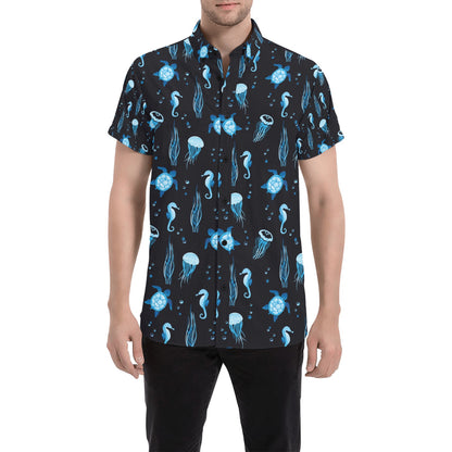 Sea Turtle Jelly Fish Sea Horse Print Design LKS3014 Men Short Sleeve Button Up Shirt