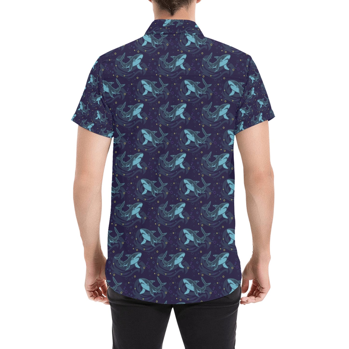 Shark Print Design LKS306 Men Short Sleeve Button Up Shirt