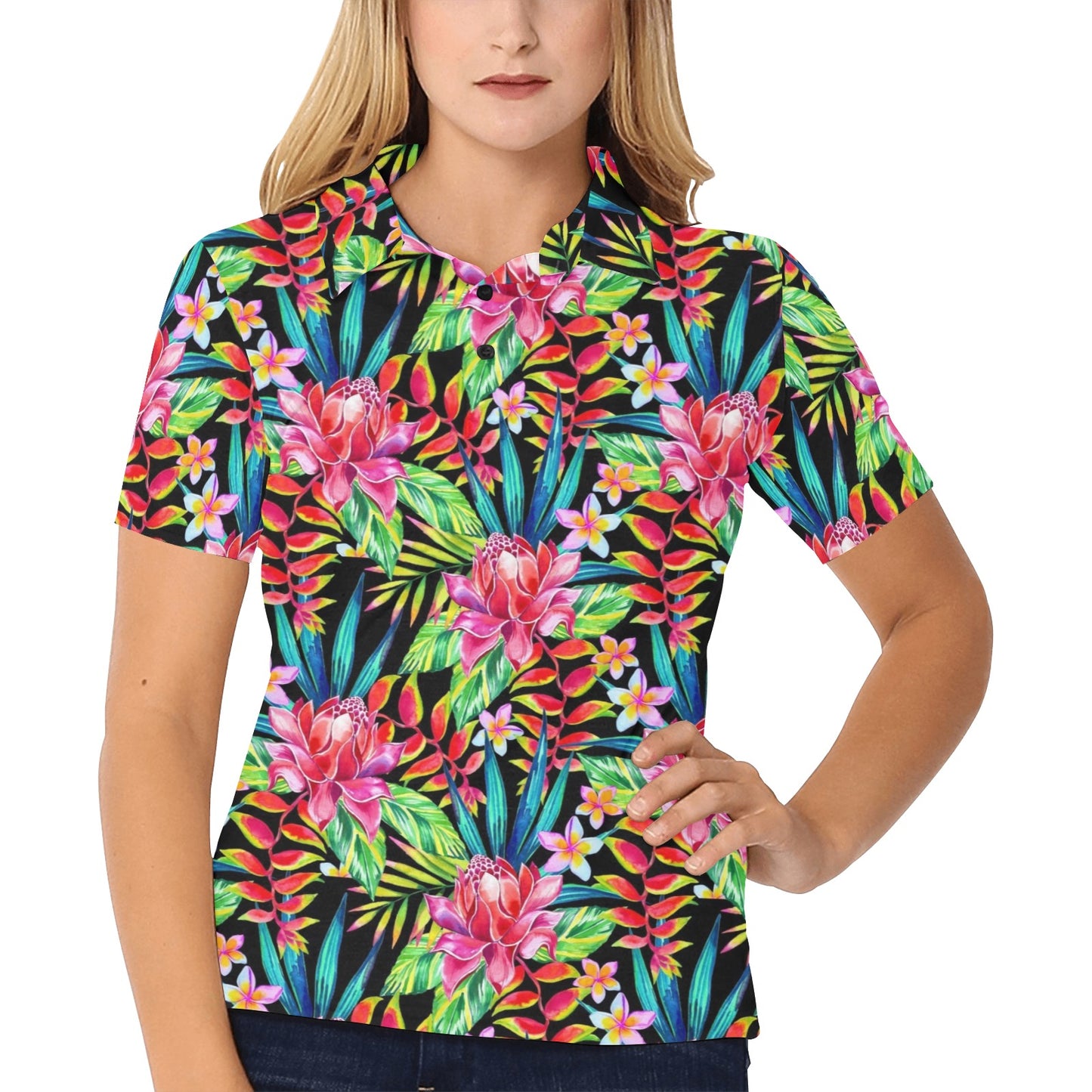 Heliconia Pattern Print Design HL02 Women's Polo Shirt