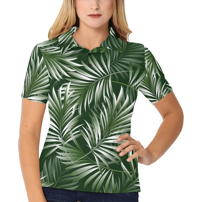 White Green Tropical Palm Leaves Women's Polo Shirt